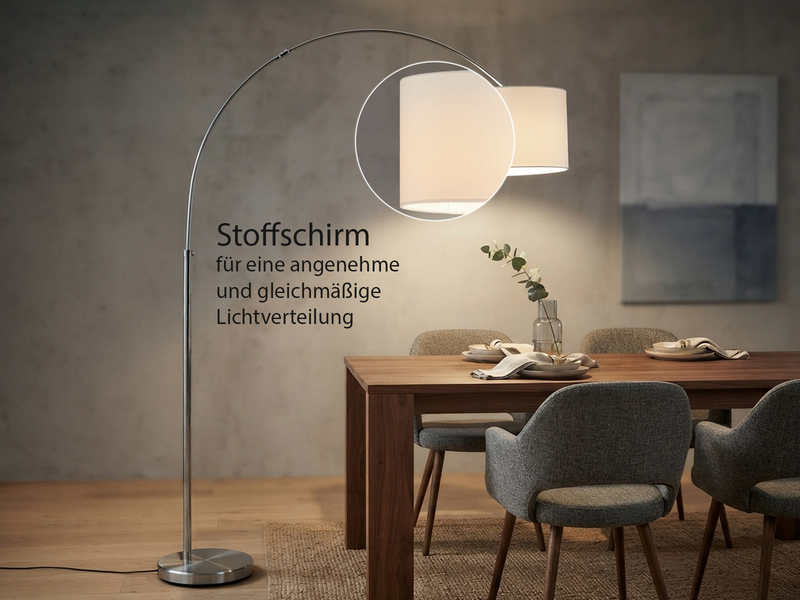 Große Bogenlampe HOTEL E27 Stoffschirm Weiß, höhenverstellbar von 150-215cm