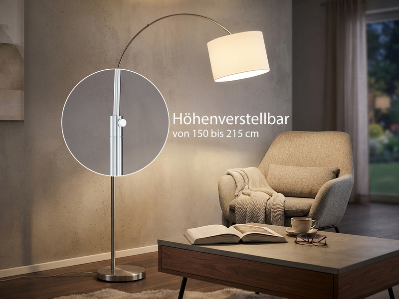 Große Bogenlampe HOTEL E27 Stoffschirm Weiß, höhenverstellbar von 150-215cm