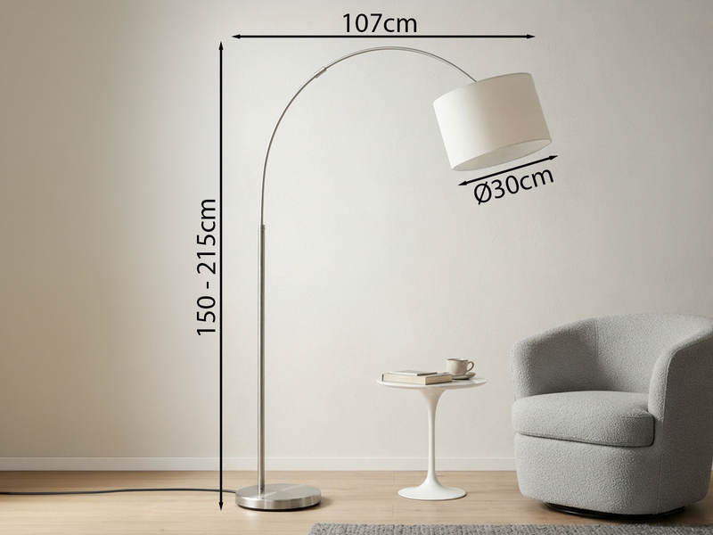 Große Bogenlampe HOTEL E27 Stoffschirm Weiß, höhenverstellbar von 150-215cm