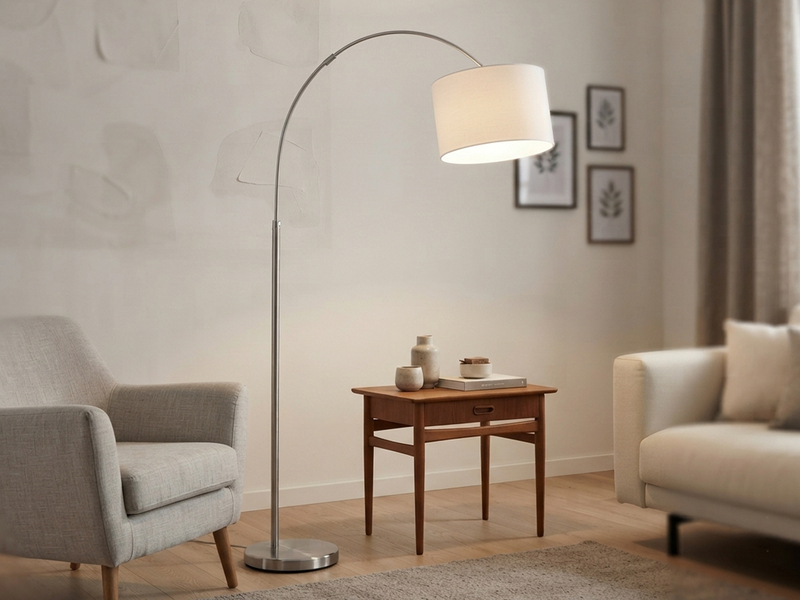 Große Bogenlampe HOTEL E27 Stoffschirm Weiß, höhenverstellbar von 150-215cm