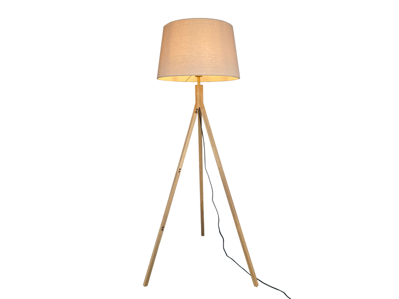 Stehlampe mit Dreibein aus Holz, Stoff Lampenschirm Creme Weiß, Höhe 157cm