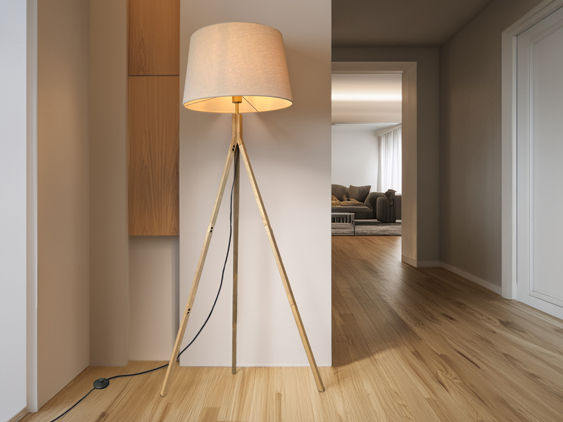 Stehlampe mit Dreibein aus Holz, Stoff Lampenschirm Creme Weiß, Höhe 157cm