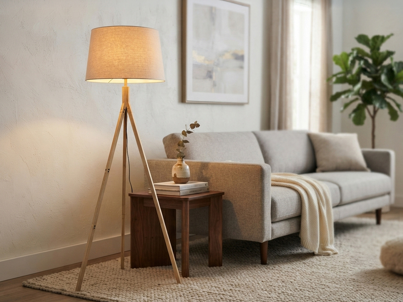 Stehlampe mit Holz Dreibein & E27 Leinen Lampenschirm Beige, Höhe 157cm