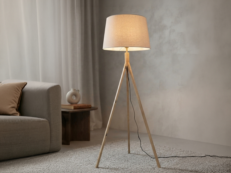 Stehlampe mit Holz Dreibein & E27 Leinen Lampenschirm Beige, Höhe 157cm