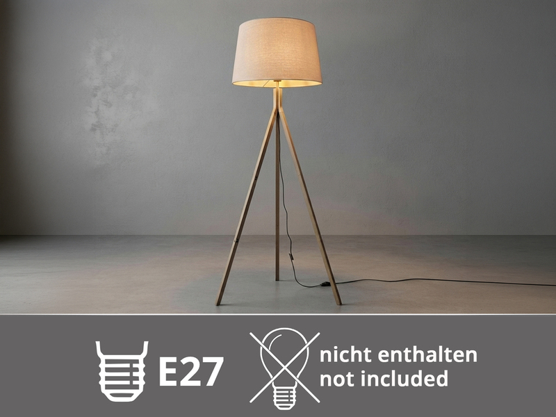Stehlampe mit Holz Dreibein & E27 Leinen Lampenschirm Beige, Höhe 157cm