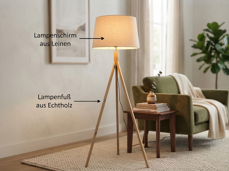 Stehlampe mit Holz Dreibein & E27 Leinen Lampenschirm Beige, Höhe 157cm