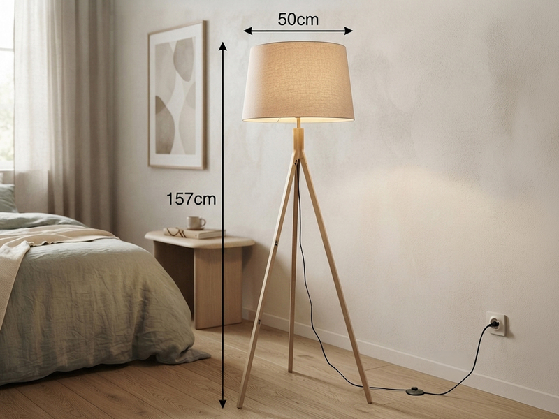 Stehlampe mit Holz Dreibein & E27 Leinen Lampenschirm Beige, Höhe 157cm