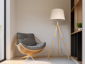 Stehlampe mit Holz Dreibein & E27 Leinen Lampenschirm Beige, Höhe 157cm