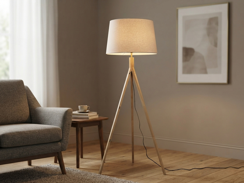 Stehlampe mit Holz Dreibein & E27 Leinen Lampenschirm Beige, Höhe 157cm