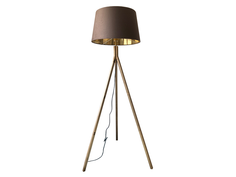 Stehlampe mit Holz Dreibein & E27 Samt Lampenschirm Braun Gold, Höhe 157cm