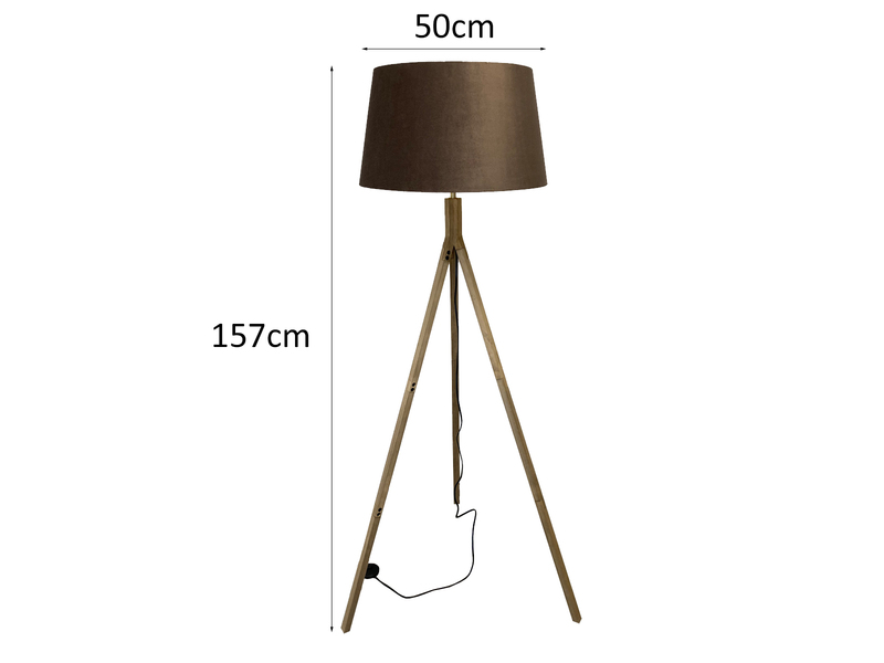 Stehlampe mit Dreibein aus Holz, Samtschirm Braun Gold, Höhe 157cm