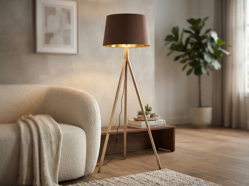 Stehlampe mit Holz Dreibein & E27 Samt Lampenschirm Braun Gold, Höhe 157cm