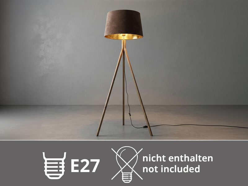 Stehlampe mit Holz Dreibein & E27 Samt Lampenschirm Braun Gold, Höhe 157cm