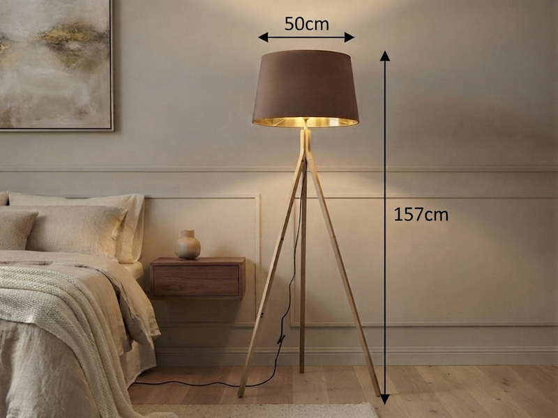 Stehlampe mit Holz Dreibein & E27 Samt Lampenschirm Braun Gold, Höhe 157cm