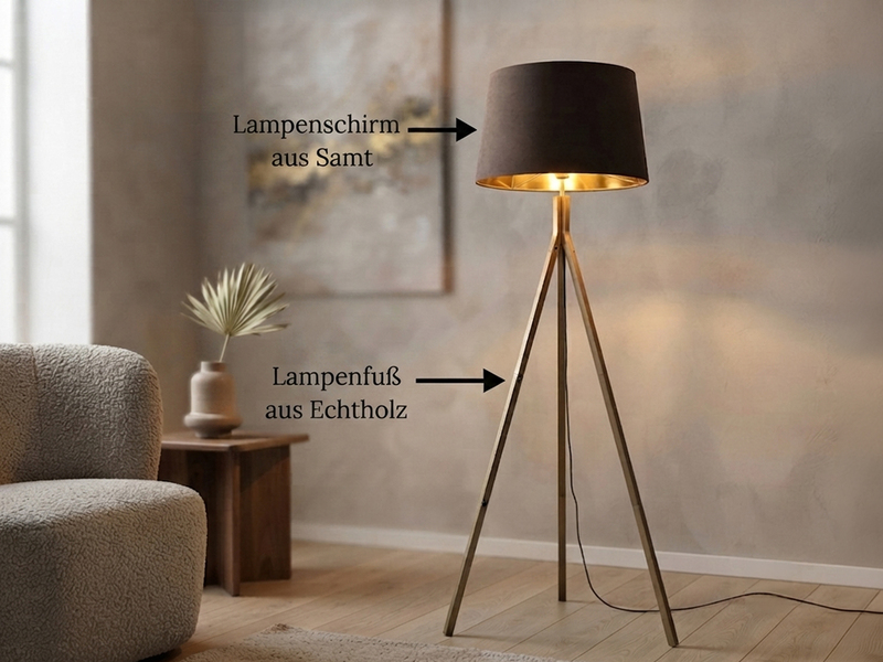 Stehlampe mit Holz Dreibein & E27 Samt Lampenschirm Braun Gold, Höhe 157cm