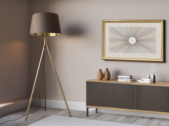 Stehlampe mit Holz Dreibein & E27 Samt Lampenschirm Braun Gold, Höhe 157cm