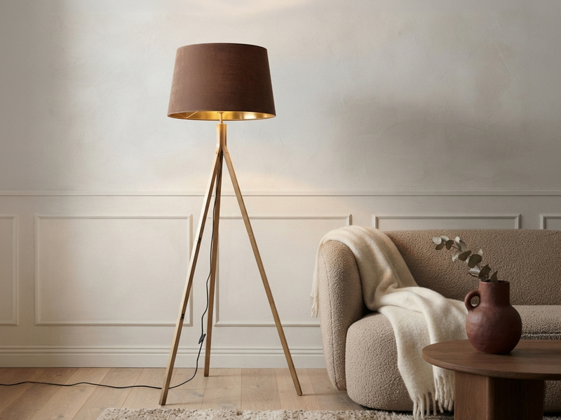 Stehlampe mit Holz Dreibein & E27 Samt Lampenschirm Braun Gold, Höhe 157cm