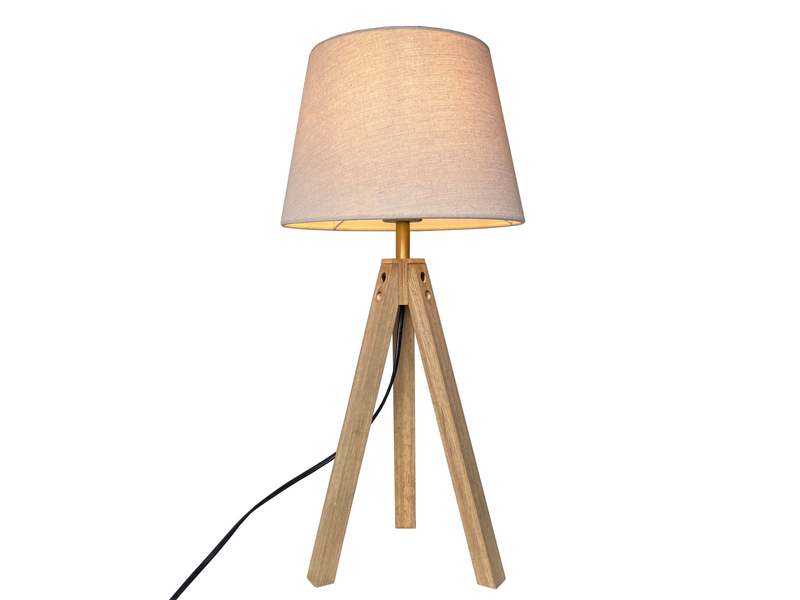 Große Tischlampe mit Dreibein aus Holz, Stoffschirm Creme Weiß, Höhe 55cm