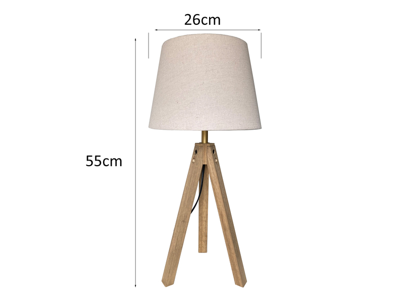 Große Tischlampe mit Dreibein aus Holz, Stoffschirm Creme Weiß, Höhe 55cm