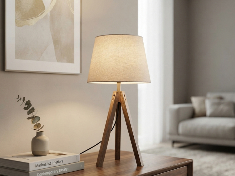 Große Tischlampe mit Holz Dreibein & E27 Leinen Lampenschirm Beige, Höhe 55cm