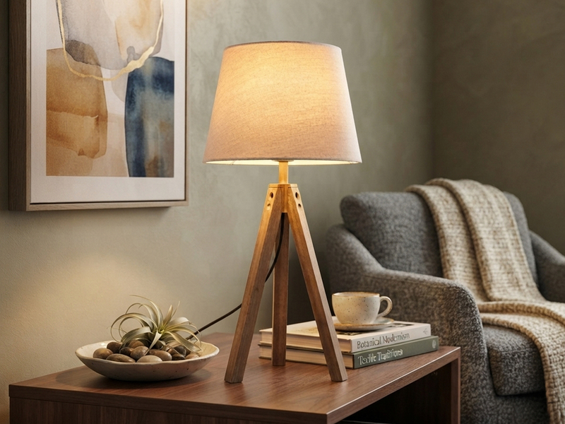 Große Tischlampe mit Holz Dreibein & E27 Leinen Lampenschirm Beige, Höhe 55cm