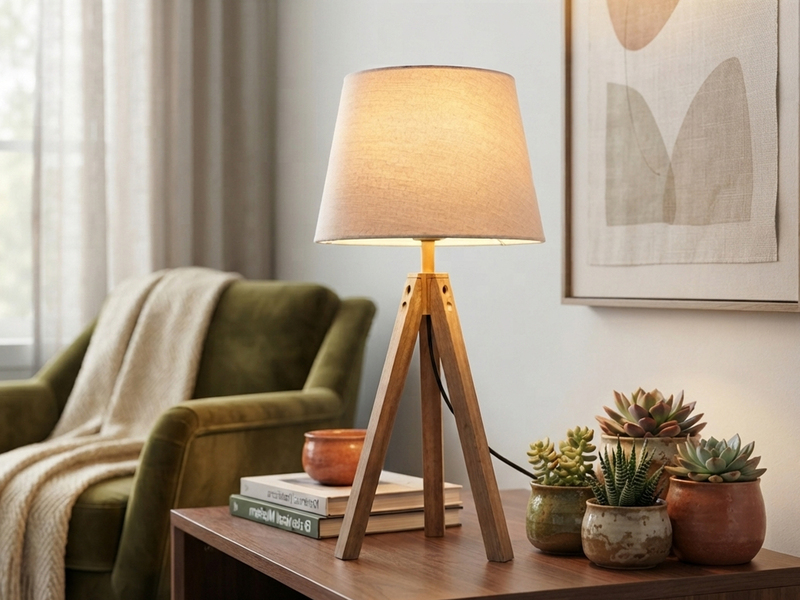 Große Tischlampe mit Holz Dreibein & E27 Leinen Lampenschirm Beige, Höhe 55cm
