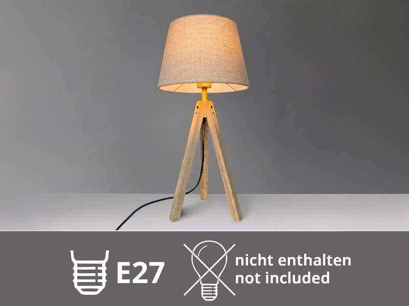 Große Tischlampe mit Holz Dreibein & E27 Leinen Lampenschirm Beige, Höhe 55cm