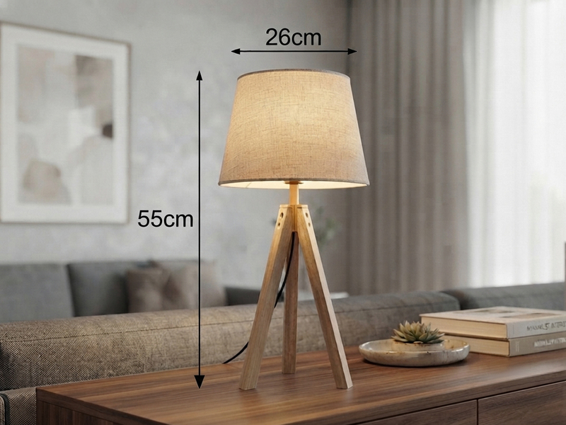 Große Tischlampe mit Holz Dreibein & E27 Leinen Lampenschirm Beige, Höhe 55cm