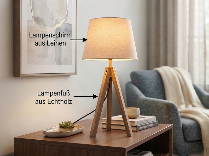 Große Tischlampe mit Holz Dreibein & E27 Leinen Lampenschirm Beige, Höhe 55cm