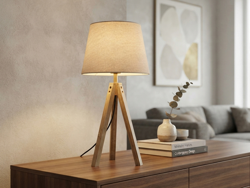 Große Tischlampe mit Holz Dreibein & E27 Leinen Lampenschirm Beige, Höhe 55cm