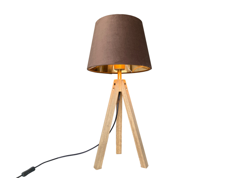 Große Tischlampe mit Dreibein aus Holz, Samtschirm Braun Gold, Höhe 55cm