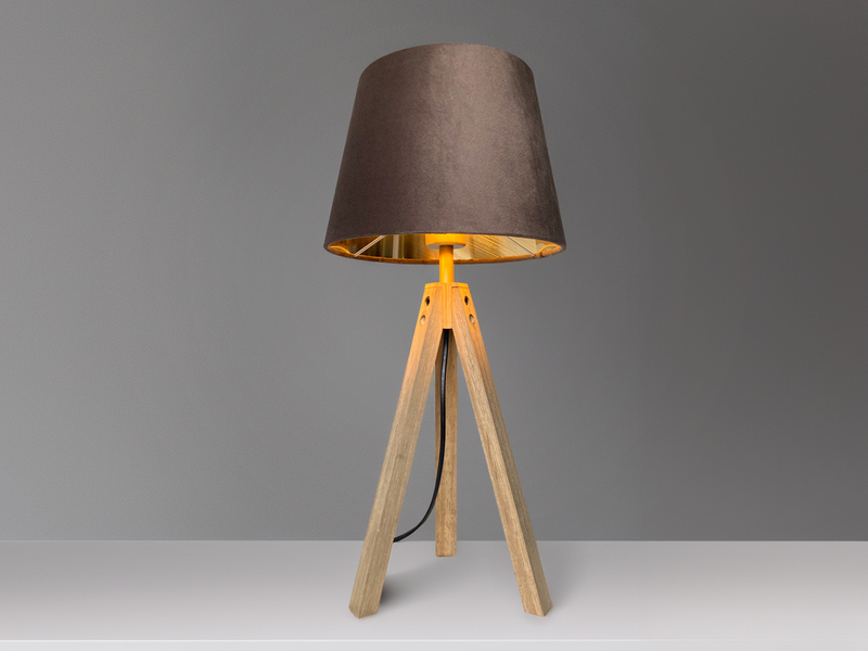 Große Tischlampe mit Dreibein aus Holz, Samtschirm Braun Gold, Höhe 55cm