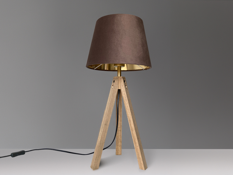 Große Tischlampe mit Dreibein aus Holz, Samtschirm Braun Gold, Höhe 55cm