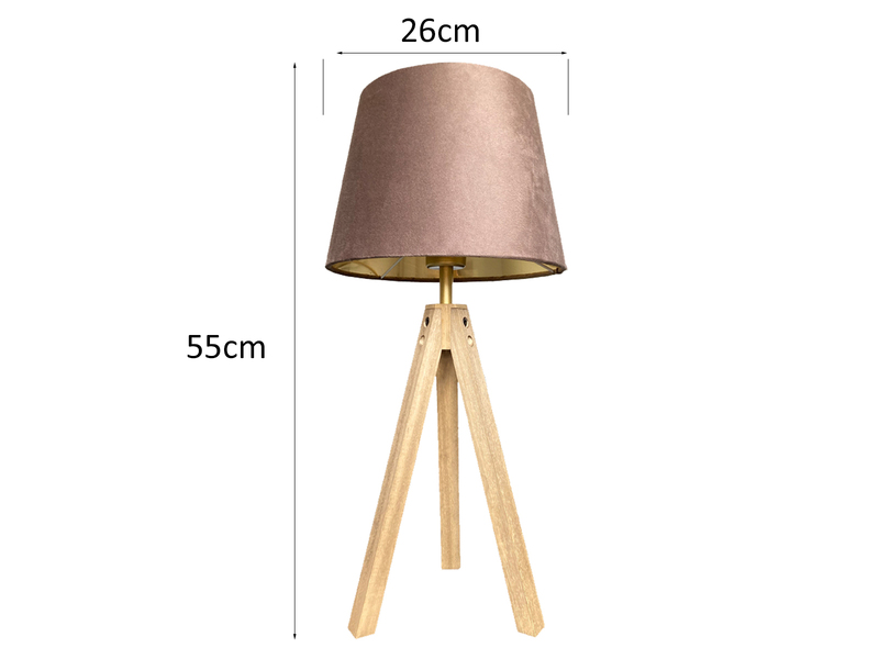 Große Tischlampe mit Dreibein aus Holz, Samtschirm Braun Gold, Höhe 55cm