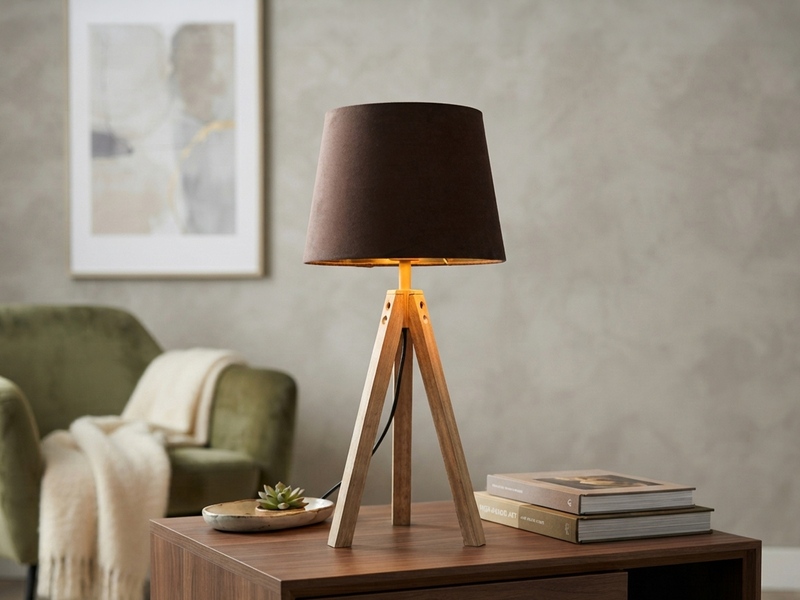 Große Tischlampe mit Holz Dreibein & E27 Samtschirm Braun Gold, Höhe 55cm