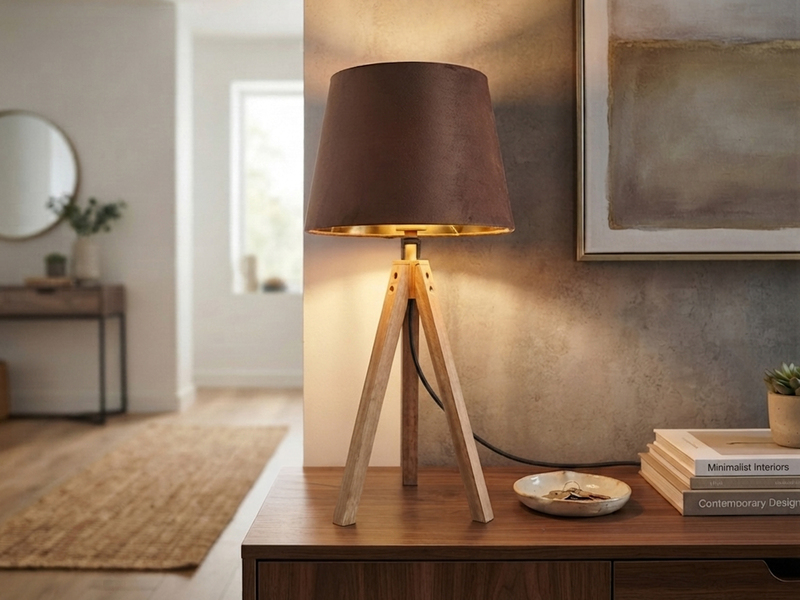 Große Tischlampe mit Holz Dreibein & E27 Samtschirm Braun Gold, Höhe 55cm