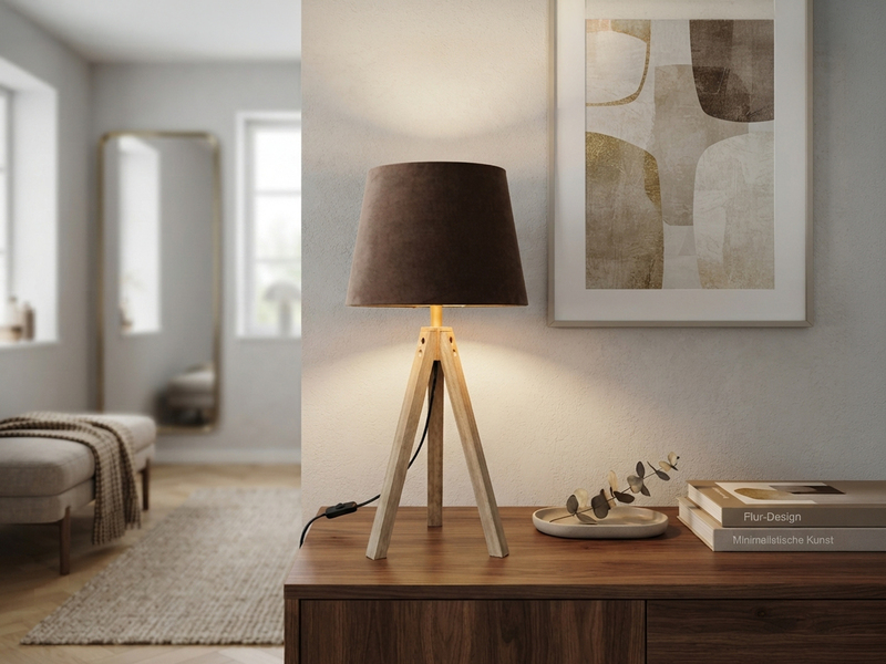 Große Tischlampe mit Holz Dreibein & E27 Samtschirm Braun Gold, Höhe 55cm