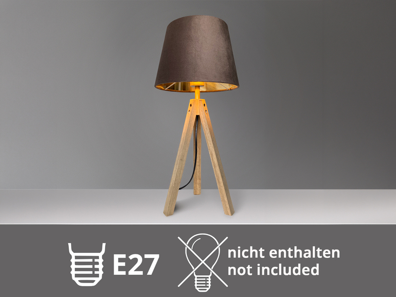 Große Tischlampe mit Holz Dreibein & E27 Samtschirm Braun Gold, Höhe 55cm