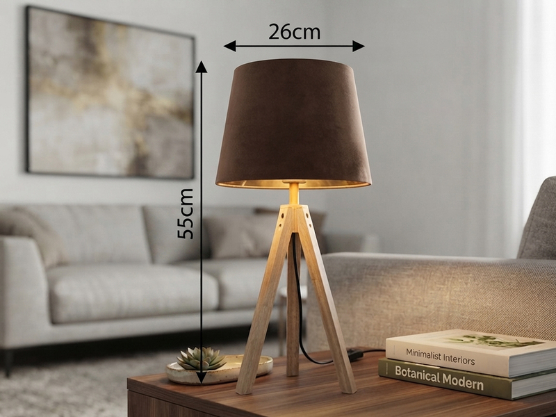 Große Tischlampe mit Holz Dreibein & E27 Samtschirm Braun Gold, Höhe 55cm