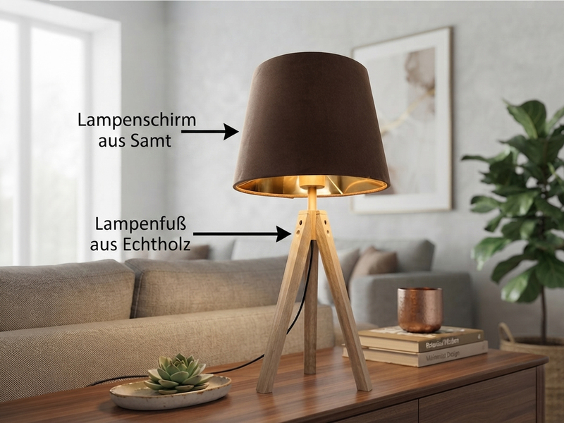 Große Tischlampe mit Holz Dreibein & E27 Samtschirm Braun Gold, Höhe 55cm