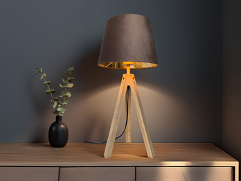 Große Tischlampe mit Dreibein aus Holz, Samtschirm Braun Gold, Höhe 55cm