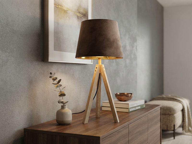 Große Tischlampe mit Holz Dreibein & E27 Samtschirm Braun Gold, Höhe 55cm