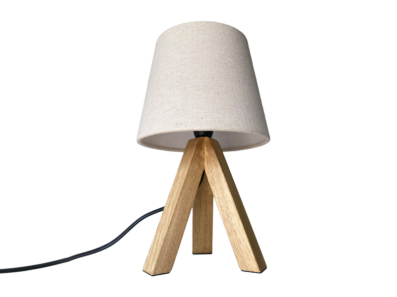Tischlampe mit Dreibein aus Holz, Stoffschirm Creme Weiß, Höhe 27cm