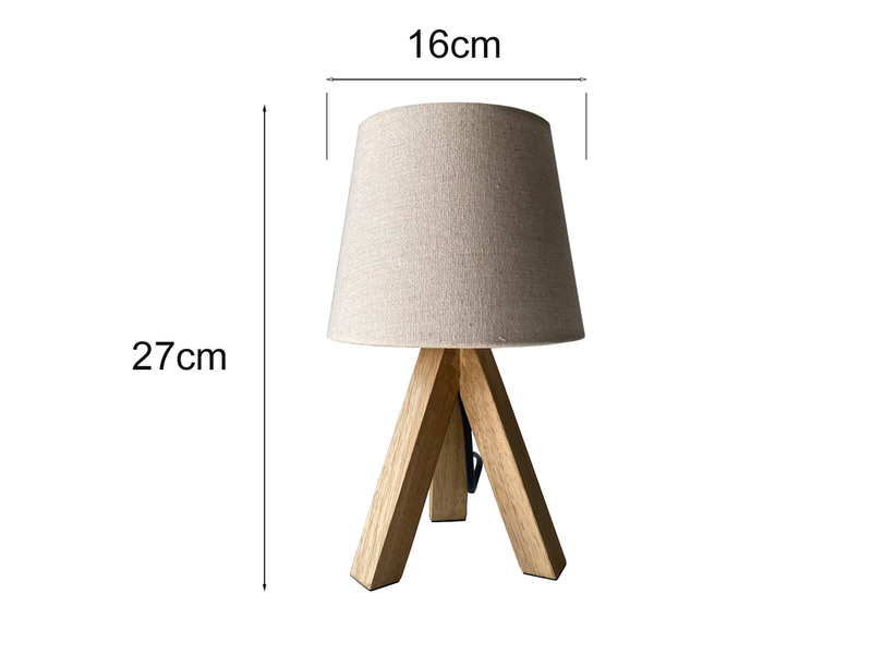 Tischlampe mit Dreibein aus Holz, Stoffschirm Creme Weiß, Höhe 27cm