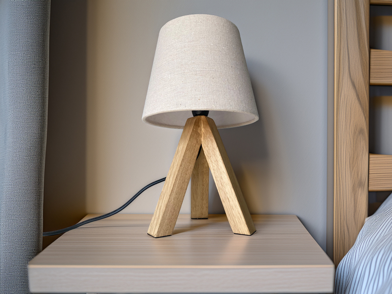 Tischlampe mit Dreibein aus Holz, Stoffschirm Creme Weiß, Höhe 27cm