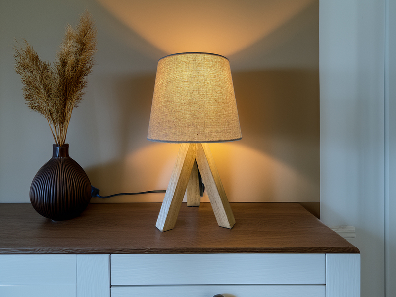 Tischlampe mit Dreibein aus Holz, Stoffschirm Creme Weiß, Höhe 27cm