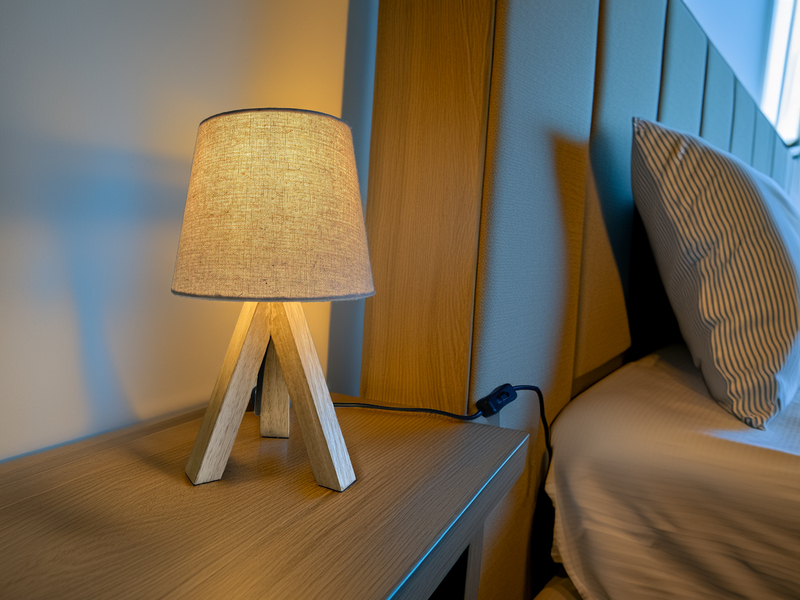 Tischlampe mit Dreibein aus Holz, Stoffschirm Creme Weiß, Höhe 27cm