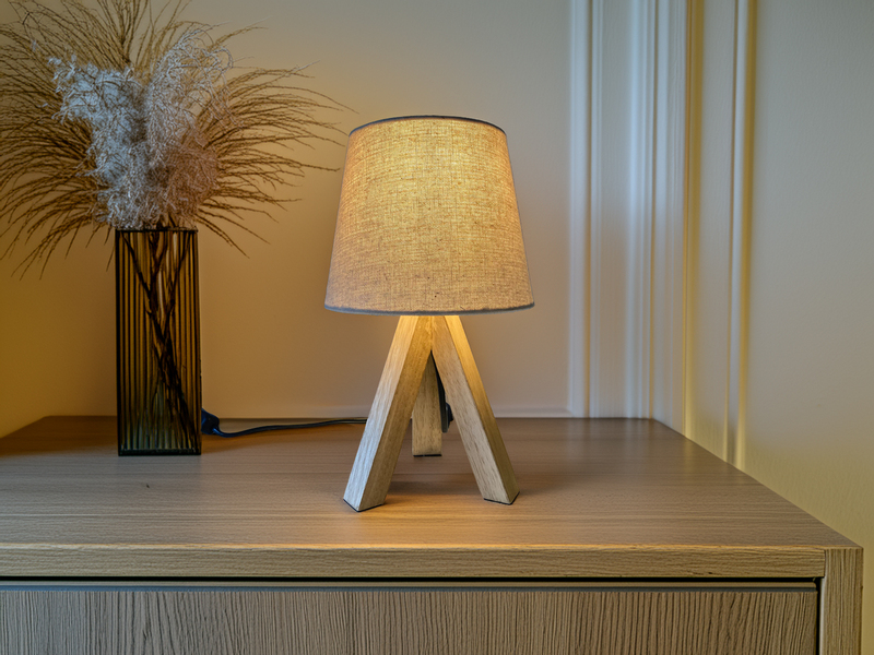 Tischlampe mit Dreibein aus Holz, Stoffschirm Creme Weiß, Höhe 27cm