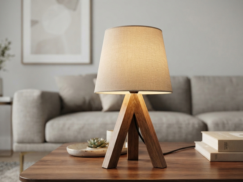 Tischlampe mit Holz Dreibein & E14 Leinen Stoffschirm Beige, Höhe 27cm