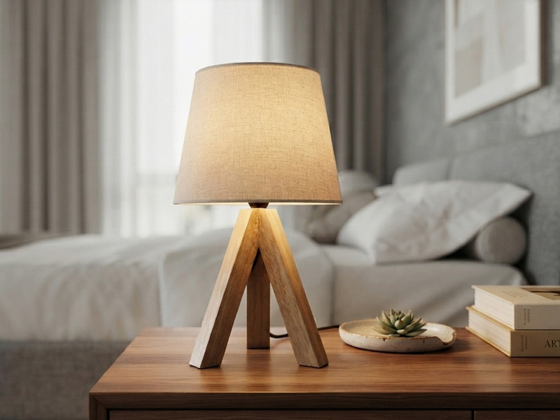 Tischlampe mit Holz Dreibein & E14 Leinen Stoffschirm Beige, Höhe 27cm